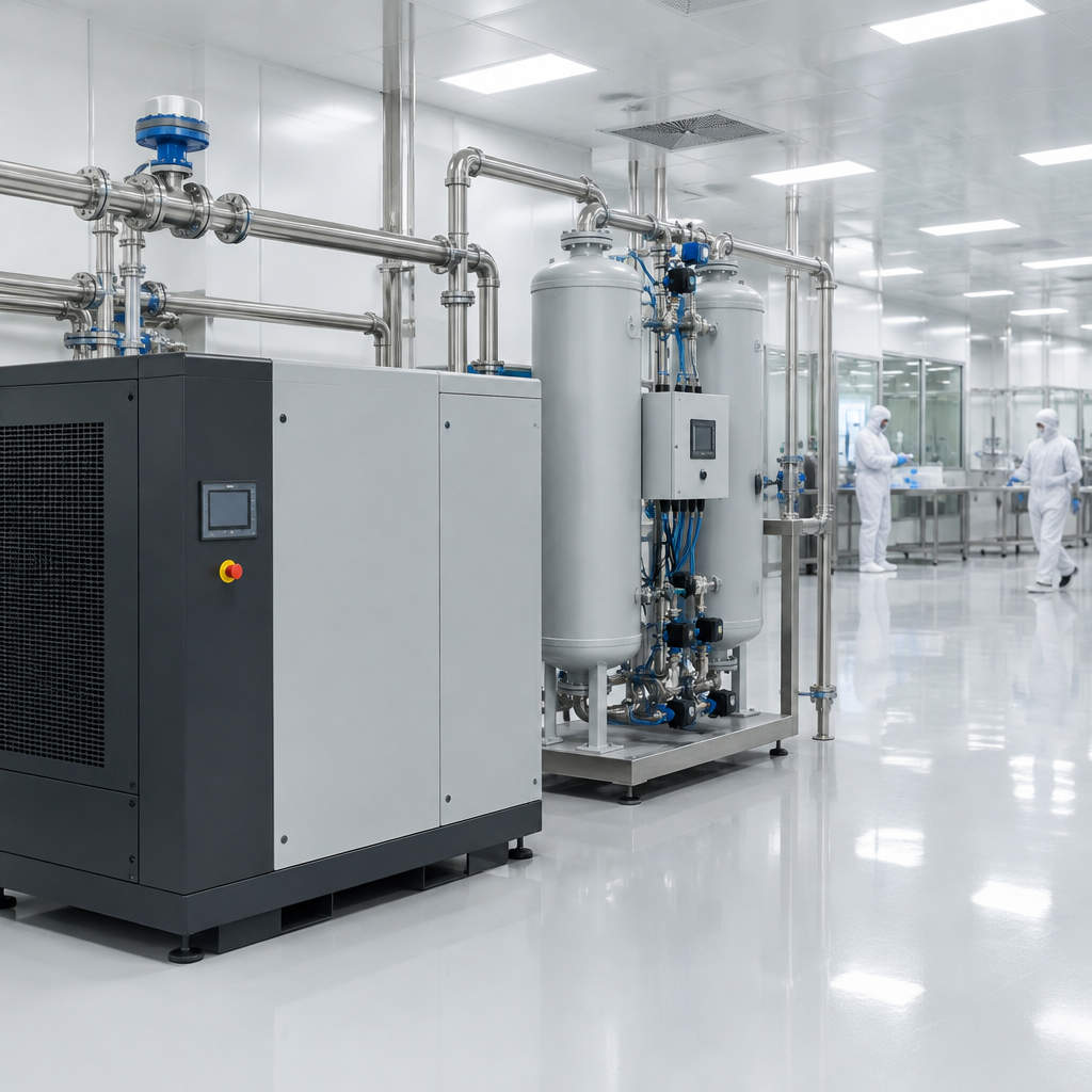 Ar comprimido isento de óleo na indústria farmacêutica: compressor e secador por adsorção em área técnica