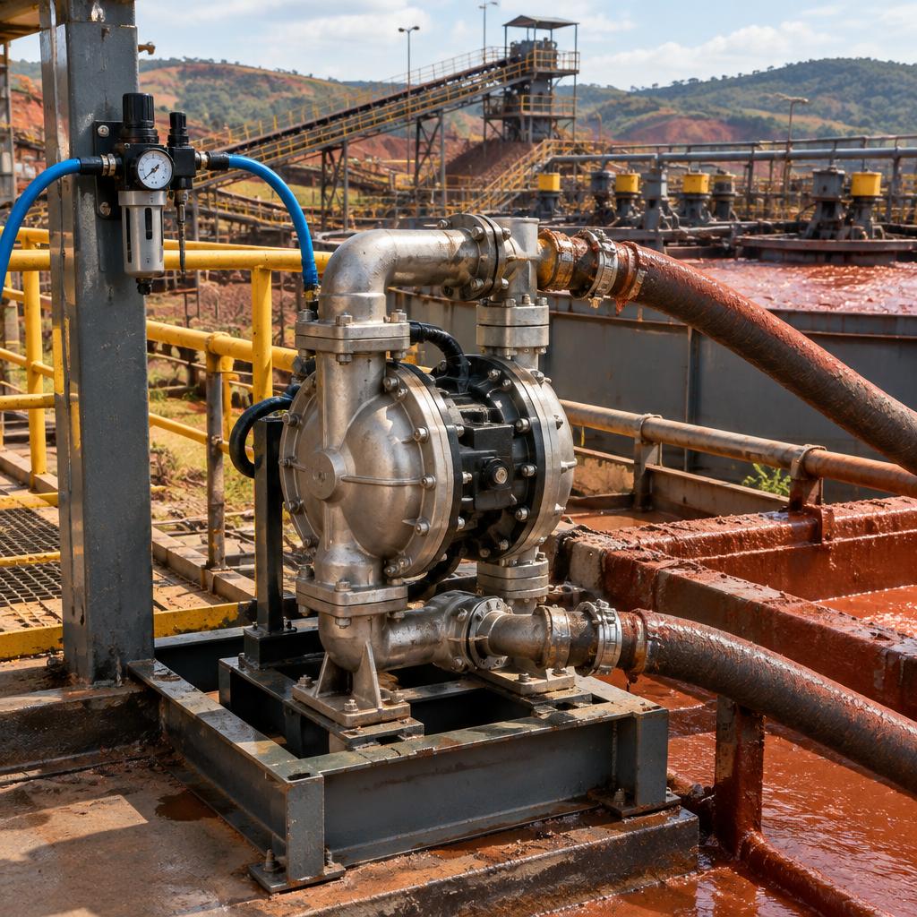 Bomba de diafragma para mineração bombeando polpa de minério em usina de Minas Gerais