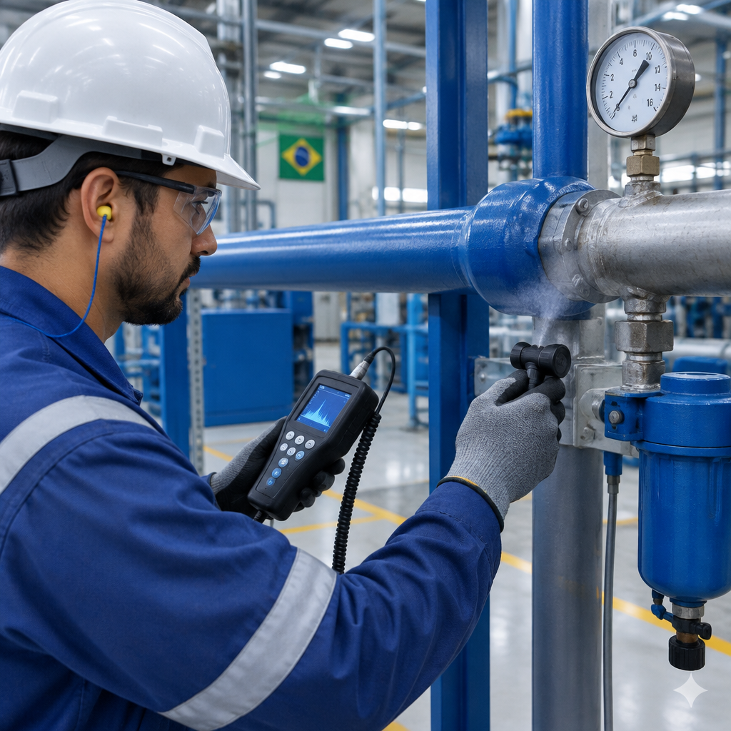 Técnico fazendo caça vazamento de ar comprimido com detector ultrassônico em rede industrial