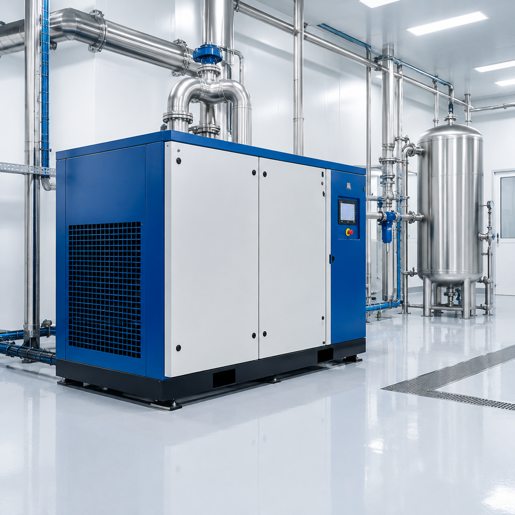 Compressor de ar isento de óleo em sala de utilidades de indústria farmacêutica