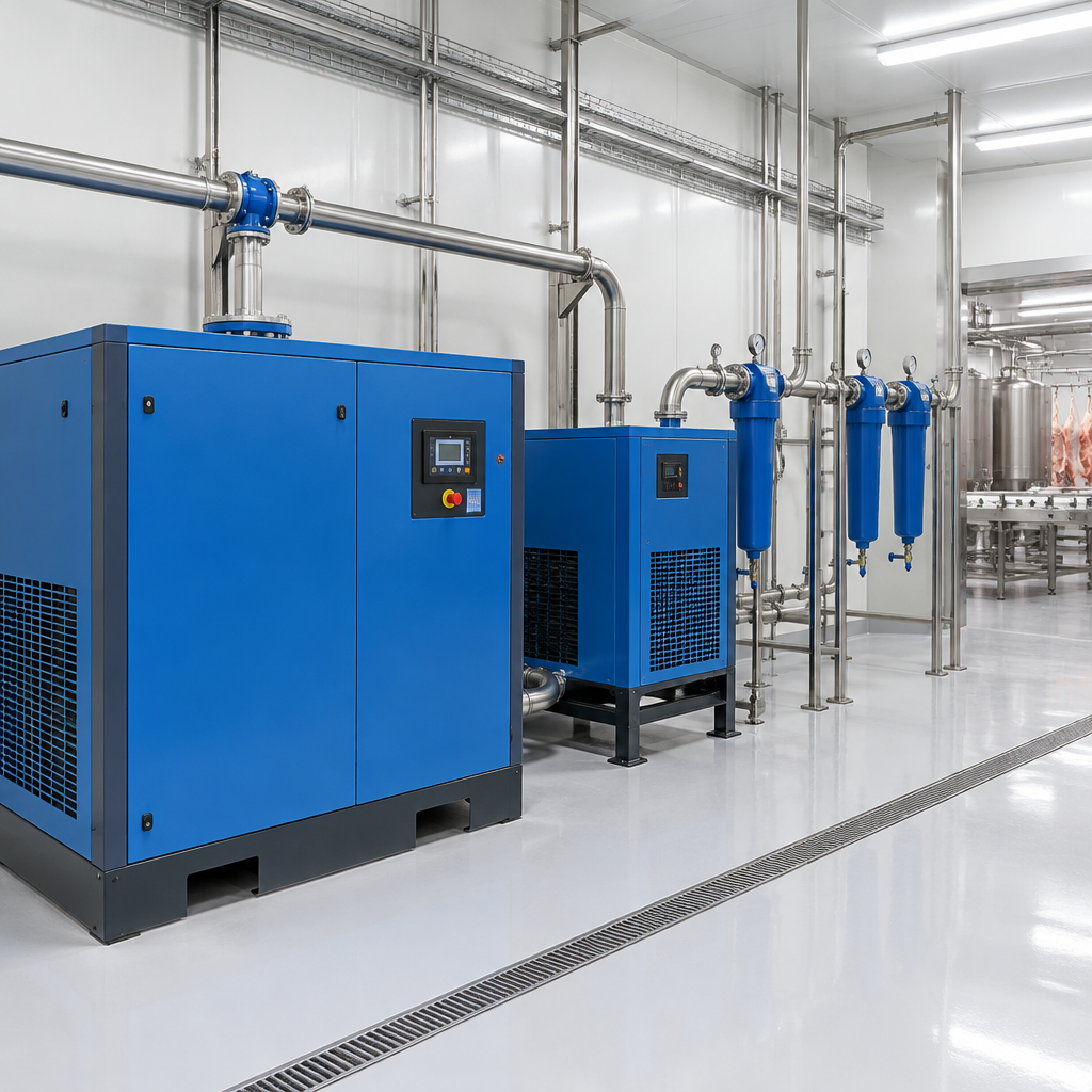 Compressor de ar para frigorífico com secador e filtros em sala de compressores de indústria de alimentos