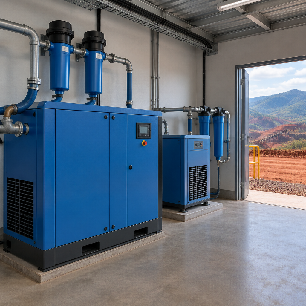 Compressor de ar para mineração instalado em sala de utilidades de mina de minério de ferro