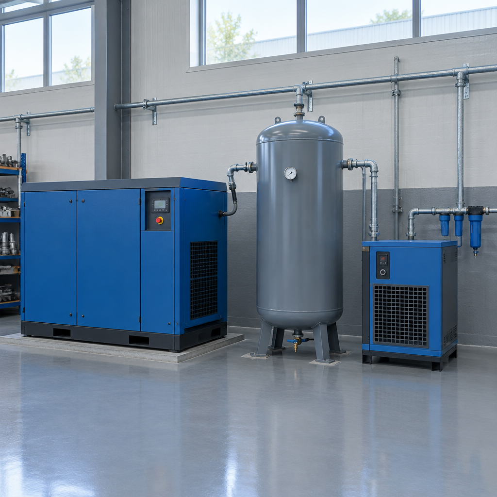 Compressor de ar parafuso em sala de compressores de indústria em Contagem, com reservatório e secador de ar