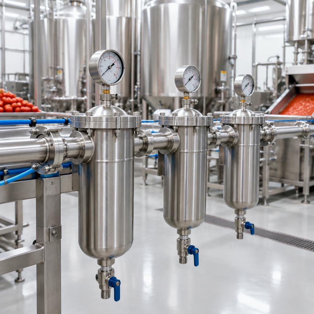 Filtro coalescente para indústria de alimentos instalado na linha de ar comprimido de uma fábrica de molhos de tomate