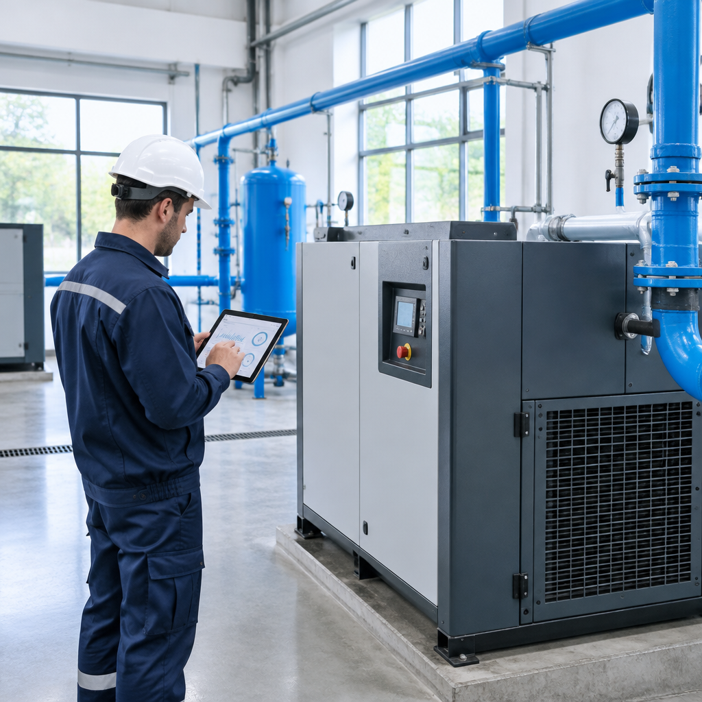 Técnico fazendo a instalação e partida técnica de compressor de ar industrial em sala de compressores