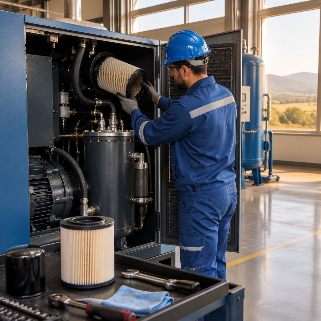 Técnico fazendo manutenção de compressor de parafuso em indústria de Uberlândia