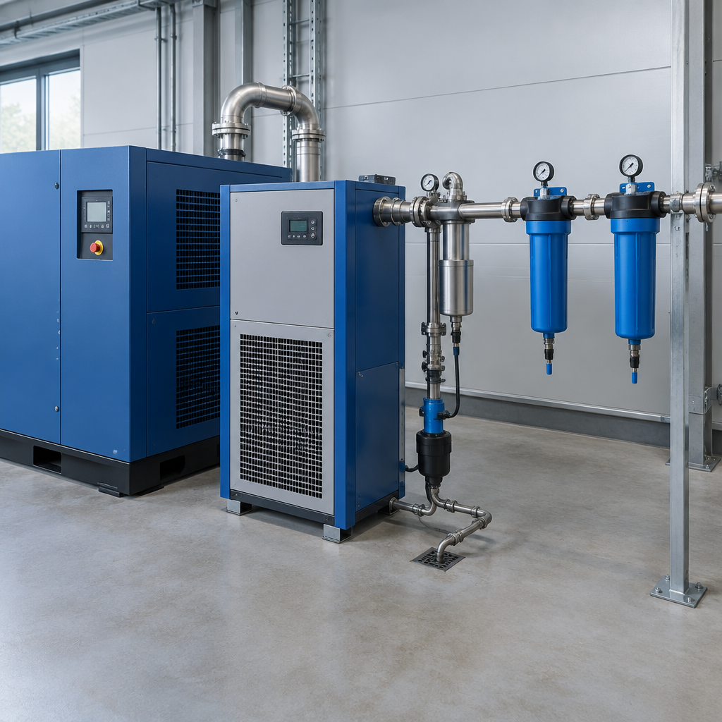 Secador de ar comprimido por refrigeração e filtros coalescentes instalados junto a compressor parafuso em sala de compressores industrial