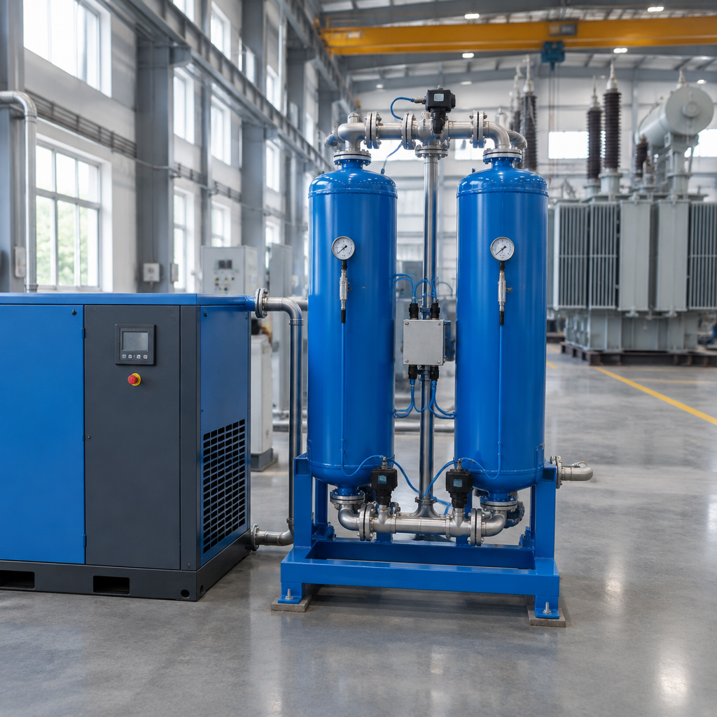 Secador de ar por adsorção de duas torres instalado em sala de compressores industrial