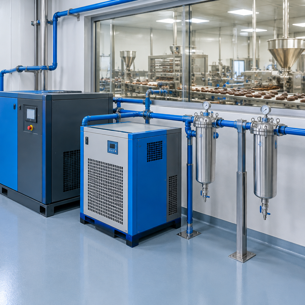 Secador de ar por refrigeração e compressor parafuso em sala de compressores de indústria de chocolate
